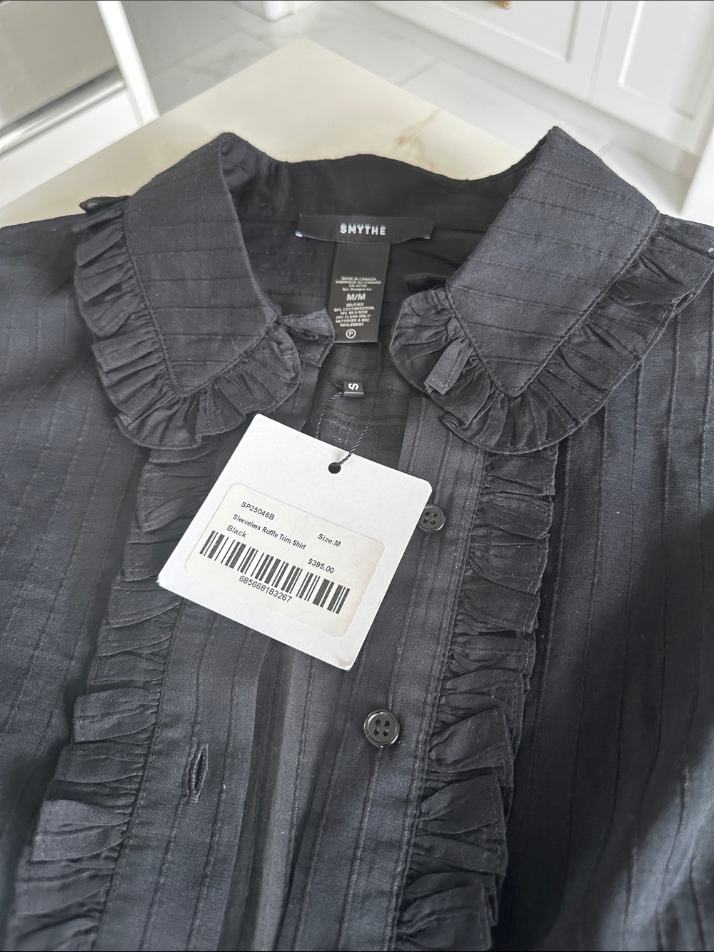 Smythe Black Sleeveless Ruffled Button-Front Top